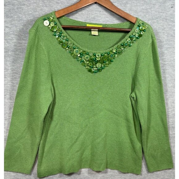 Sigrid Olsen Green Embellished Sweater XL V-Neck Silk Blend - Picture 1 of 8